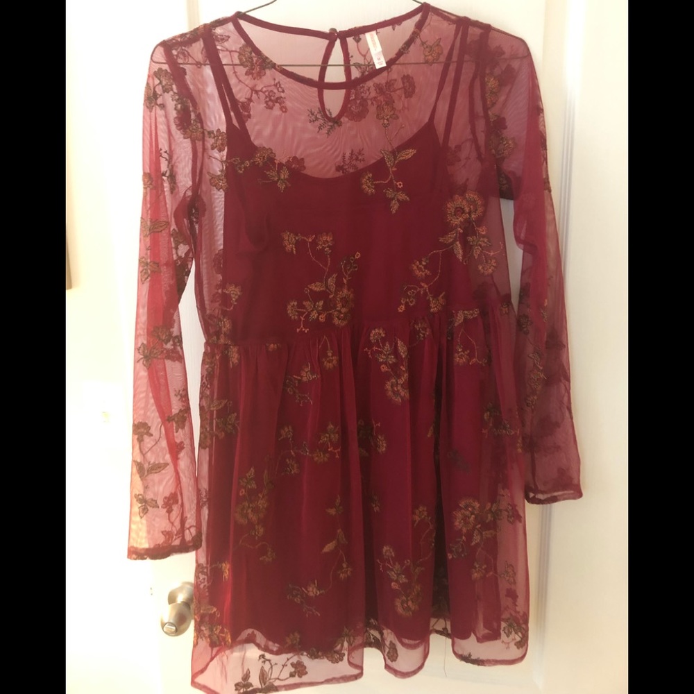 Red Floral Embroidered Long Sleeve Dress & Slip
